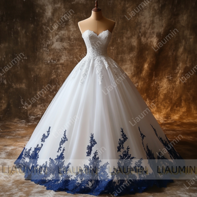 White and Blue Tulle Strapless Full Length Prom Dress Evening Dress Custom Hand Made W19-3.1
