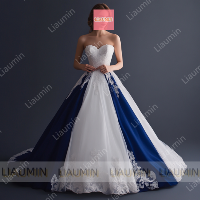 White and blue tulle strapless full length prom dress evening dress custom hand made w19-3.2