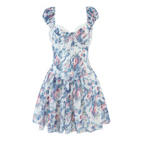 Blue Floral 3D Underwire Ruffle Trim Mini Dress - Thumbnail 1