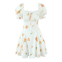 Pastoral style printed puff sleeve lace patchwork A-line skirt - Thumbnail 2