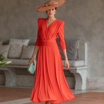Watermelon a line v neck tea-length mother of the bride/groom dress evening formal dress