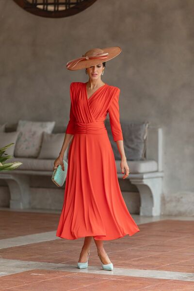 Watermelon A Line V Neck Tea-length Mother of the Bride/Groom Dress Evening Formal Dress