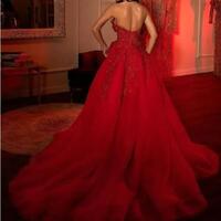 Red Prom Dresses Lace Stylish Luxurious Beaded Crystals Sexy Evening Formal Party Second Reception Gowns Dress Custom Made Side Split - Thumbnail 1
