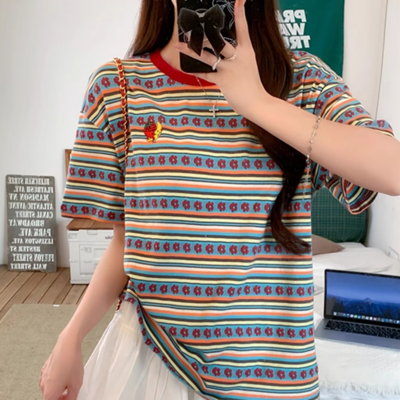 Strawberry with crescent moon embroidery floral striped color block tee