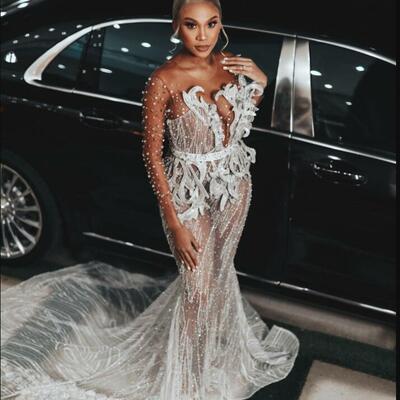 Plus size ivory prom dresses mermaid full sleeves beaded crystals floral lace see through evening formal birthday party special occasion dress