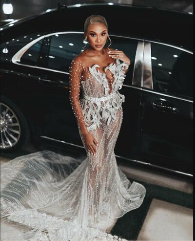 Plus Size Ivory Prom Dresses Mermaid Full Sleeves Beaded Crystals Floral Lace See Through Evening Formal Birthday Party Special Occasion Dress