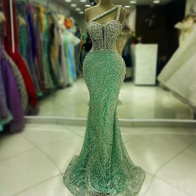 Sage mermaid prom dress beaded crystals sequined evening formal party second reception 50th birthday engagement 