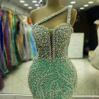 Sage Mermaid Prom Dress Beaded Crystals Sequined Evening Formal Party Second Reception 50th Birthday Engagement  - Thumbnail 1