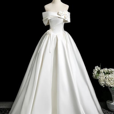 White satin long prom dress, off the shoulder party dress - Thumbnail 1