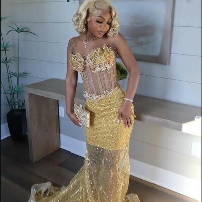 African gold mermaid prom dress sequined dresses for special occasions florals rhinestones evening formal party birthday