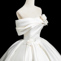 White Satin Long Prom Dress, Off the Shoulder Party Dress - Thumbnail 4