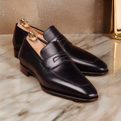 Elegant men's hand stitch black genuine leather moccasin wedding shoes