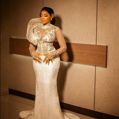 Plus size prom dresses for black women promdress high neck long sleeves rhinestones decorated sequined lace birthday dress 