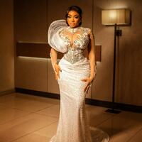 Plus Size Prom Dresses for Black Women Promdress High Neck Long Sleeves Rhinestones Decorated Sequined Lace Birthday Dress  - Thumbnail 1