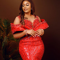 Prom Dress With Detachable Train Red Mermaid Promdress Evening Formal Dresses For Women Sheer Neck Beaded Lace - Thumbnail 1