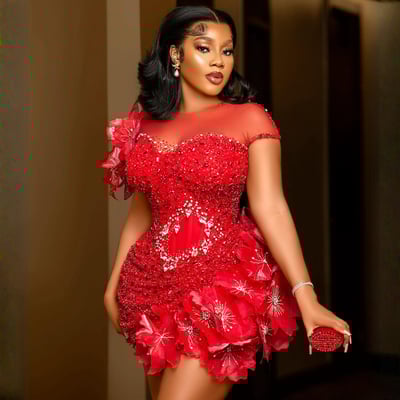 Cocktail dresses sheer neck illusion short mini prom dress sequined lace 3d flowers beaded pearls pleated evening formal gowns