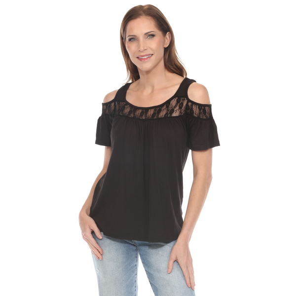 White Mark Cold Shoulder Lace Trim Knit Top, S-4X