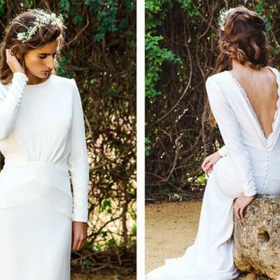 Simple sheath wedding dresses crew neck long sleeve covered button bridal gowns,1108