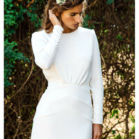Simple Sheath Wedding Dresses Crew Neck Long Sleeve Covered Button Bridal Gowns,1108 - Thumbnail 1