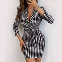Casual And Elegant Temperament V-Neck Houndstooth Long Sleeved Dress - Thumbnail 1