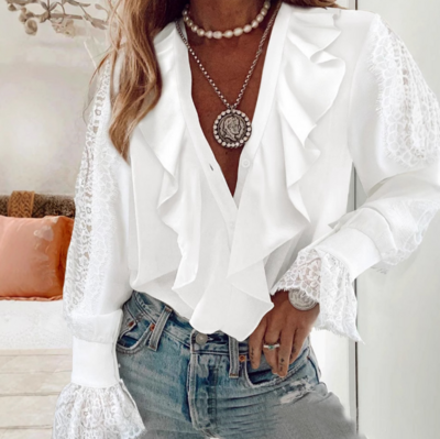White Lace Stitching Flounce Long Sleeved Shirt