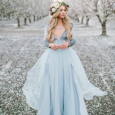 Blue bohemian wedding dress long sleeve bridal gowns，1916 - Thumbnail 1