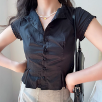 Vintage round neck lace top with small flying sleeves - Thumbnail 3