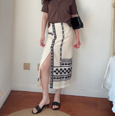 Bohemian ethnic style high waist front slit hip-wrapped midi skirt
