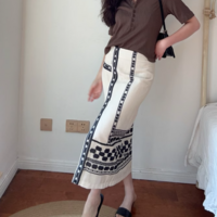 Bohemian ethnic style high waist front slit hip-wrapped midi skirt - Thumbnail 1