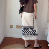 Bohemian ethnic style high waist front slit hip-wrapped midi skirt - Thumbnail 4