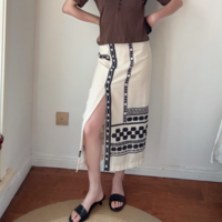 Bohemian ethnic style high waist front slit hip-wrapped midi skirt - Thumbnail 5