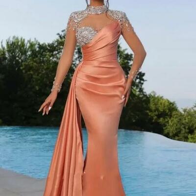 Orange elegant mermaid evening sheer beads appliques high neck satin pleats ruffles formal prom dresses with long sleeves