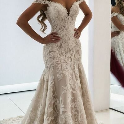 Mermaid off the shoulder appliques tulle wedding dress bridal gown wedding gown