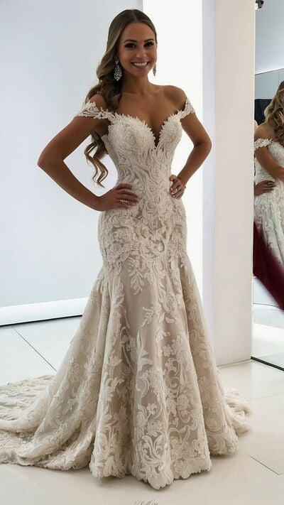 Mermaid Off the Shoulder Appliques Tulle Wedding Dress Bridal Gown Wedding Gown