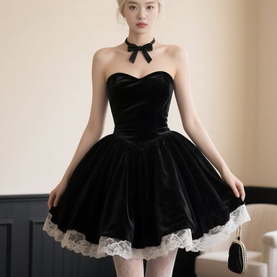 Black velvet lace short a-line prom party dress - Thumbnail 1
