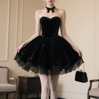 Black Velvet Lace Short A-Line Prom Party Dress - Thumbnail 1