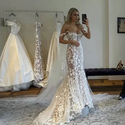 Mermaid lace wedding dress, appliques tulle bridal dress wedding gown 