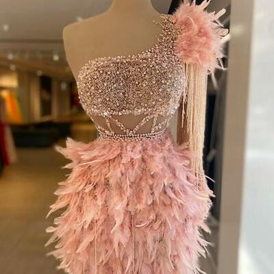 Elegant one shoulder pink tail prom dresses with feathers beading sequined short evening gowns luxurious homecoming dress