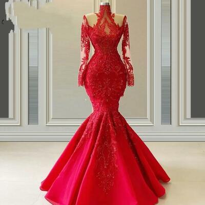 Red luxurious lace dresses evening wear women mermaid prom dress illusion long sleeve high collar beaded pageant mother of the bride