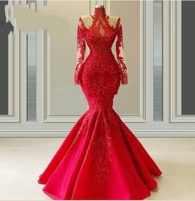 Red Luxurious Lace Dresses Evening Wear Women Mermaid Prom Dress Illusion Long Sleeve High Collar Beaded Pageant Mother Of The Bride