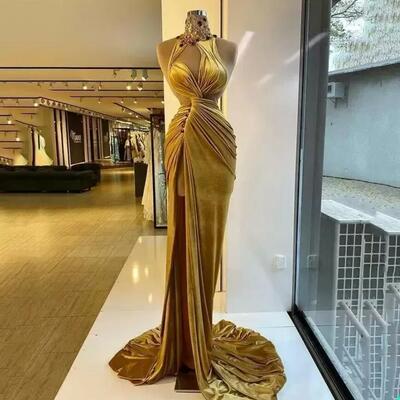 Gold velvet prom dresses elegant ruched long sweep train mermaid evening party gowns side slit high neck crystals beading sleeveless 