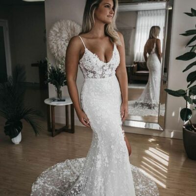 A-line lace wedding dress, lace bridal dress wedding gown 