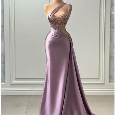 Sexy lilac light purple prom dresses mermaid one shoulder illusion crystal beads evening gowns cutaway sides plus size formal party dress