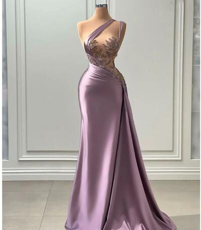 Sexy Lilac Light Purple Prom Dresses Mermaid One Shoulder Illusion Crystal Beads Evening Gowns Cutaway Sides Plus Size Formal Party Dress