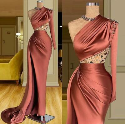 Sexy Arabic Dubai Evening Dresses Wear One Shoulder Crystal Beads Long Sleeve Plus Size Party Prom Gowns Sheath Side Split Cutaway Sides 