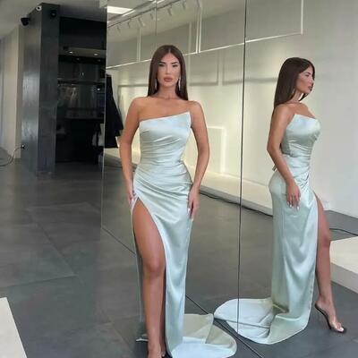 Prom dresses for women black girls strapless satin pleats draped high side split floor length formal evening pageant birthday