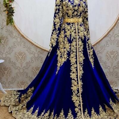 Royal blue caftan marocain de soire evening dresses long sleeve applique a line plus size prom dress with cape vestidos formale
