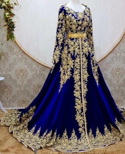 Royal Blue Caftan Marocain De Soire Evening Dresses Long Sleeve Applique A Line Plus Size Prom Dress With Cape Vestidos Formale