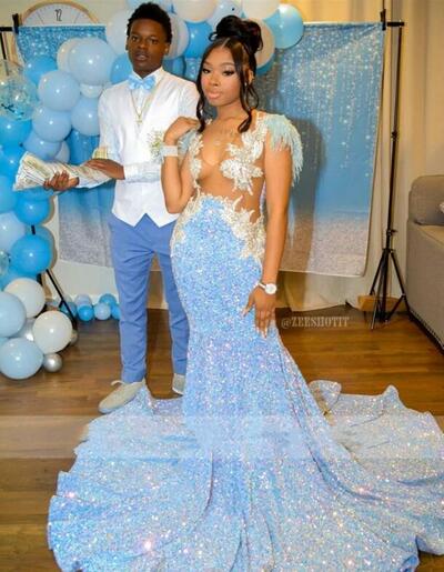 Blue Mermaid Sequins Lace Beading Crystals Afrcian Girls Prom Dress Party Dress
