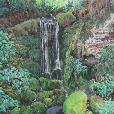 "hidden waterfall" original acrylic painting by n.e.thompson, artwork size 11x14 inches